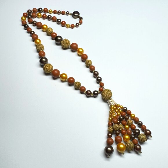 Vintage Beaded Necklace with Tassel Pendant Faux Plastic Pearls Brown and Gold - Picture 1 of 8
